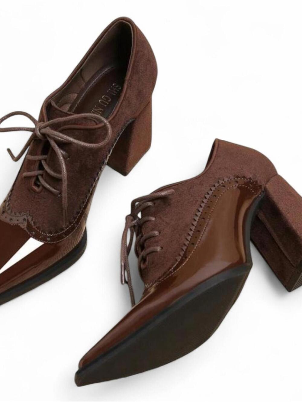 NIB EURO |SZ 40 US 8| Vintage Brown Leather Chunky Oxford Pointed Toe Heel Shoes - Picture 5 of 6